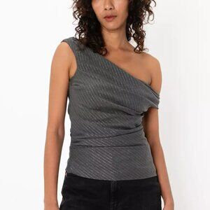 Zara Asymmetrical One-Shoulder Ruched Top - Grey Pinstripe - Size Medium Tall
